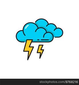Weather forecast color outline icon of thunderstorm, vector cloud and lightning pictogram. Weather forecast temperature and meteorology symbol of thunderstorm cloud. Weather forecast color outline icon, thunderstorm