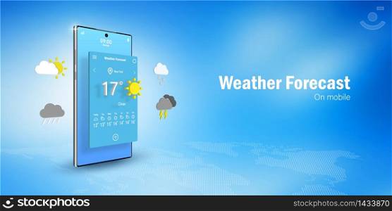 Weather Forecast Concept, Smartphone displays weather forecast application widget, icons, symbols, Web banner with copy space