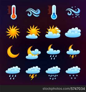Weather forecast decorative icons set on dark background isolated vector illustration
