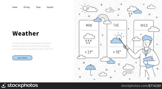 Weather forecast doodle landing page, anchorman doing meteorological report. Tv presenter character stand at screen with meteorology map presenting monitor with information Line art vector web banner. Weather forecast doodle landing page, anchorman