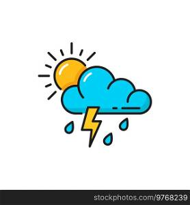 Weather forecast icon, thunderstorm rain, sun and cloud overcast, vector color outline symbol. Day weather forecast of rainy storm and cloudy climate. Day weather forecast, thunderstorm rain, sun icon