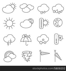 Weather forecast icons outlined pictograms set with rain drops and umbrella symbols black abstract isolated vector illustration. Weather forecast symbols icons set line