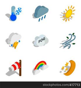 Weather forecast icons set. Isometric 3d illustration of 9 weather forecast vector icons for web. Weather forecast icons, isometric 3d style