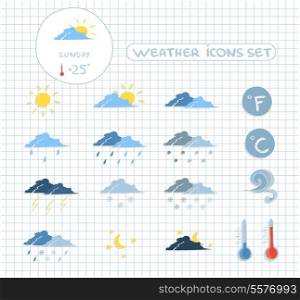 Weather forecast icons set of clear cloudy stormy and snow sky vector illustration