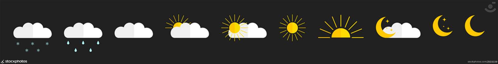 Weather forecast icons. Weather icons isolated on black background. Climate signs. Meteo symbols. Meteorology set with sun, rain, snow and cloud signs. Vector.