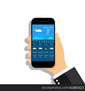 Weather forecast in phone. Weather widget with interface in smartphone screen. App in mobile phone with climate, temperature, rain, snow, cloud, sun. Hand holding cellphone with forecast. Vector.