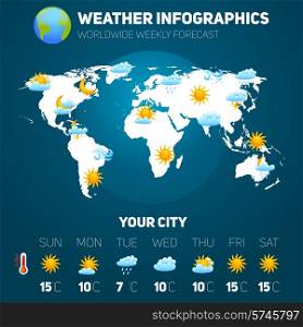 Weather forecast infographic set with meteorology signs and world map vector illustration