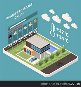 Weather forecast isometric concept with weather forecast and meteorology symbols vector illustration