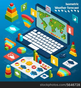 Weather forecast isometric icons buttons set with open laptop vector illustration