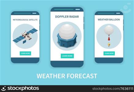 Weather forecast isometric set with radar and satellite symbols isolated vector illustration