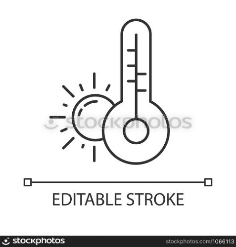 Weather forecast linear icon. Anticyclone. Sun and thermometer. Meteorological observations. Global warming. Thin line illustration. Contour symbol. Vector isolated outline drawing. Editable stroke