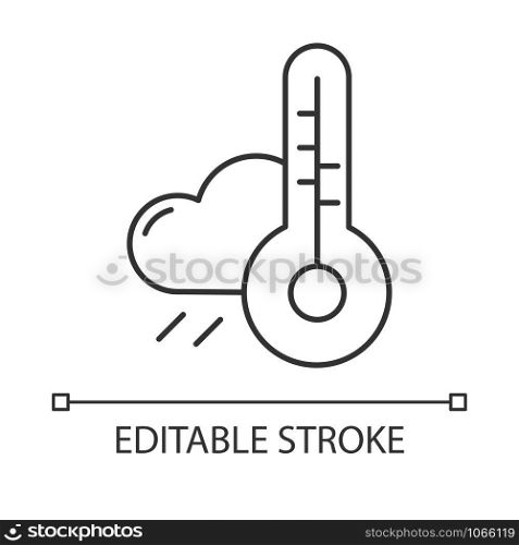 Weather forecast linear icon. Meteorological observations. Rain cloud and thermometer. Climate features. Thin line illustration. Contour symbol. Vector isolated outline drawing. Editable stroke