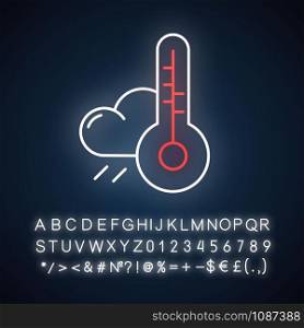 Weather forecast neon light icon. Meteorological observations. Atmospheric conditions. Rain and thermometer. Glowing sign with alphabet, numbers and symbols. Vector isolated illustration
