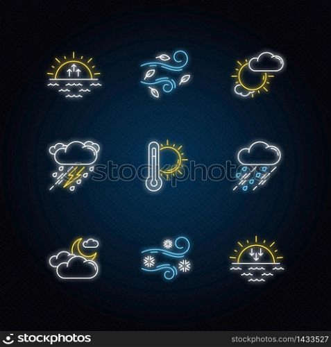 Weather forecast neon light icons set. Sky condition and temperature prediction signs with outer glowing effect. Day and night atmospheric precipitation. Vector isolated RGB color illustrations. Weather forecast neon light icons set