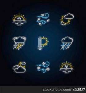 Weather forecast neon light icons set. Sky condition and temperature prediction signs with outer glowing effect. Day and night atmospheric precipitation. Vector isolated RGB color illustrations. Weather forecast neon light icons set