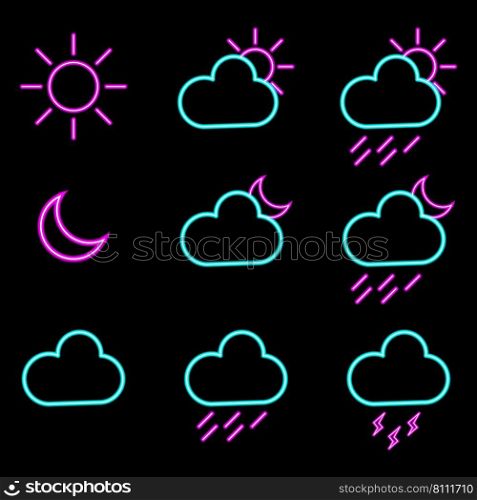 Weather forecast neon light icons set. Vector illustration