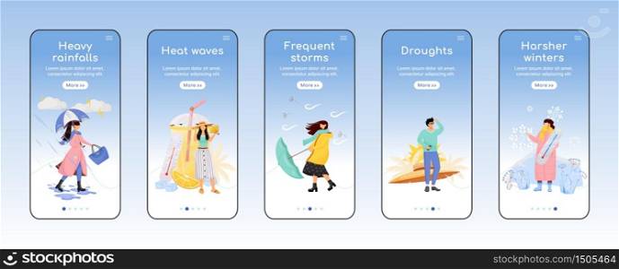 Weather forecast onboarding mobile app screen flat vector template. Seasonal storms. Walkthrough website steps with characters. UX, UI, GUI smartphone cartoon interface, case prints set