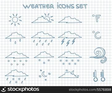 Weather forecast pictograms set of rain storm snow and wind doodle vector illustration