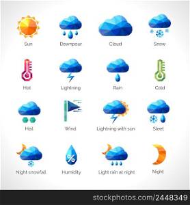 Weather forecast polygonal icons set with sun cloud rain snow symbols isolated vector illustration. Weather Polygonal Icons