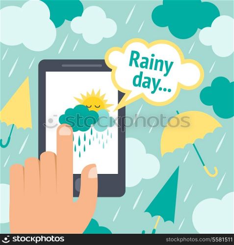 Weather forecast rainy day smart phone poster with clouds and umbrellas vector illustration