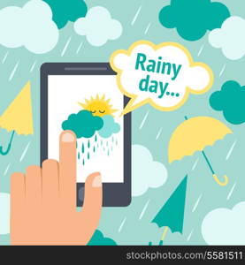 Weather forecast rainy day smart phone poster with clouds and umbrellas vector illustration