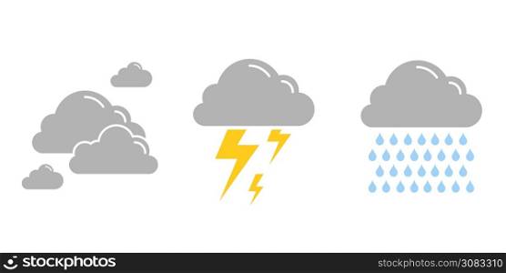 Weather forecast rainy season with cloud and thunder icon set flat design cartoon object vector