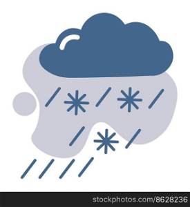 Weather forecast sign, isolated snowing icon. Cloudscape and falling snowflakes, seasonal winter climate. Snowy and frosty day, meteorology or widget application. Vector in flat style illustration. Snowing weather forecast sign, meteorology icon