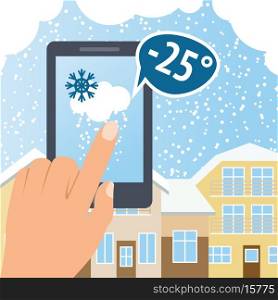 Weather forecast snow smart phone poster with winter town background vector illustration