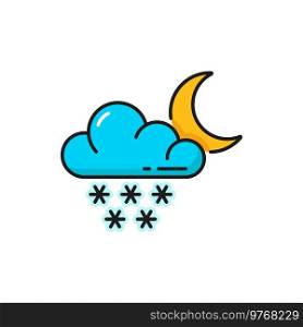 Weather forecast, snowfall icon, cloud and moon vector color outline symbol. Night weather forecast of cold temperature and winter snow fall. Weather forecast, snowfall icon, cloud and moon