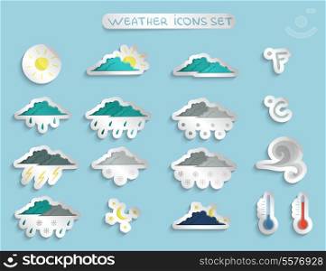 Weather forecast stickers or badges set of clear cloudy stormy and snow sky vector illustration