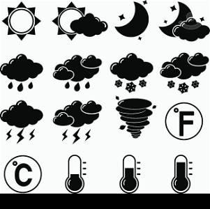 Weather forecast symbols black pictograms set of hot cold temperature isolated vector illustration