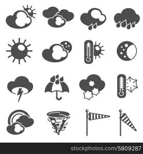 Weather forecast symbols black pictograms set with thermometer and stormy clouds icons abstract graphic isolated vector illustration. Weather forecast symbols icons set black