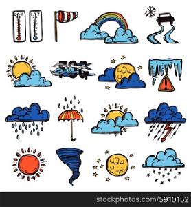 Weather forecast symbols color decorative hand drawn icons set isolated vector illustration. Weather Color Set
