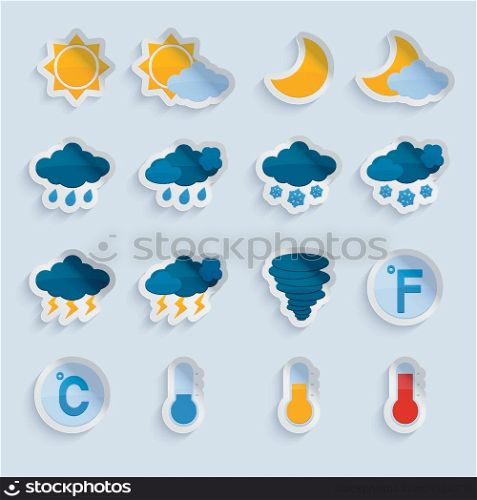 Weather forecast symbols paper stickers set of sun clouds rain and snow isolated vector illustration
