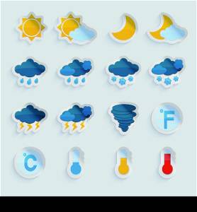 Weather forecast symbols paper stickers set of sun clouds rain and snow isolated vector illustration