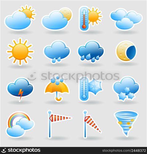 Weather forecast tablet mobile symbols widget icons set with clouds and rainbow abstract flat isolated vector illustration. Weather forecast symbols icons set