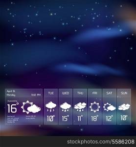 Weather forecast transparent widget template on night sky background with design elements for mobile application vector illustration