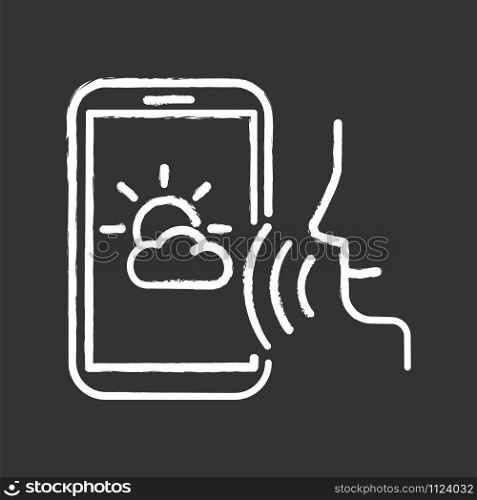 Weather forecast voice search chalk icon. Smartphone sound command idea. Meteorology app, mobile application. Audio request. Distant phone control. Isolated vector chalkboard illustration