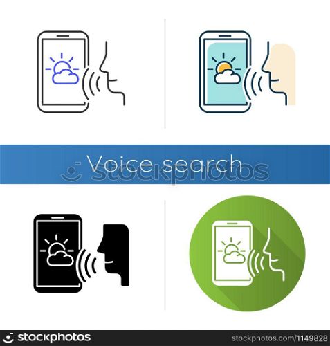 Weather forecast voice search icons set. Smartphone sound command idea. Meteorology app, mobile application. Audio request. Linear, black and color styles. Isolated vector illustrations