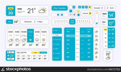 Weather forecast . Web and mobile application graphic user interface kit with weather icons. Vector set illustrations meteorological forecast image. Weather forecast . Web and mobile application graphic user interface kit with weather icons. Vector set