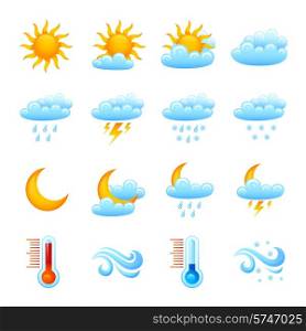 Weather forecast website decorative icon set with sun clouds rain thermometer isolated vector illustration