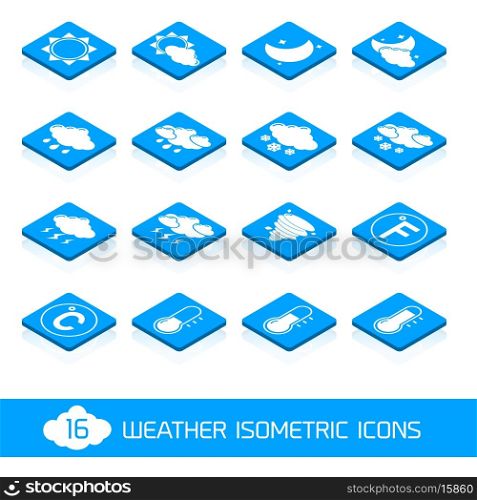 Weather forecast white and blue isometric icons buttons set vector illustration