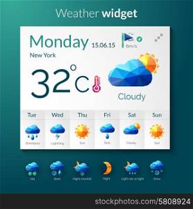 Weather forecast widget with polygonal mobile application elements vector illustration. Weather Polygonal Widget
