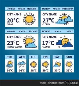 Weather forecast widget with sketch sun and clouds symbols vector illustration. Weather Widget Sketch