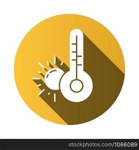 Weather forecast yellow flat design long shadow glyph icon. Anticyclone. Drought. Sun and thermometer. Meteorological observations. Global warming. Vector silhouette illustration