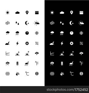 Weather glyph icons set for night and day mode. Sunny and cloudy. Warm, cold climate. Mobile UI element. Silhouette symbols for light, dark theme. Vector isolated illustration bundle. Weather glyph icons set for night and day mode