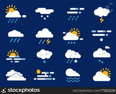 Weather icon set. Meteo symbols. Vector pictures in flat style. Sunny and storm, snowflake and rainy, forecast symbol illustration. Weather icon set. Meteo symbols. Vector pictures in flat style