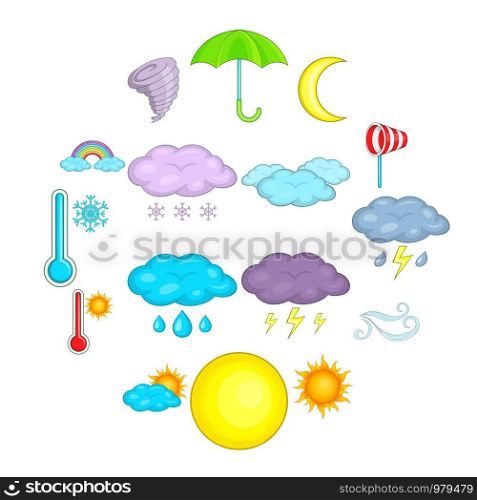 Weather icons set. Cartoon illustration of 16 weather vector icons for web. Weather icons set, cartoon style