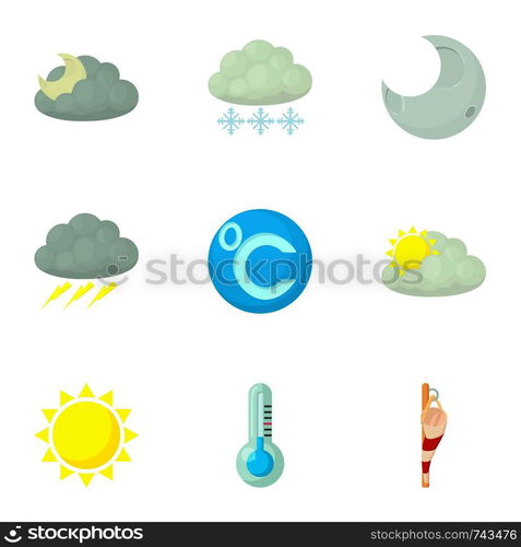 Weather icons set. Cartoon set of 9 weather vector icons for web isolated on white background. Weather icons set, cartoon style