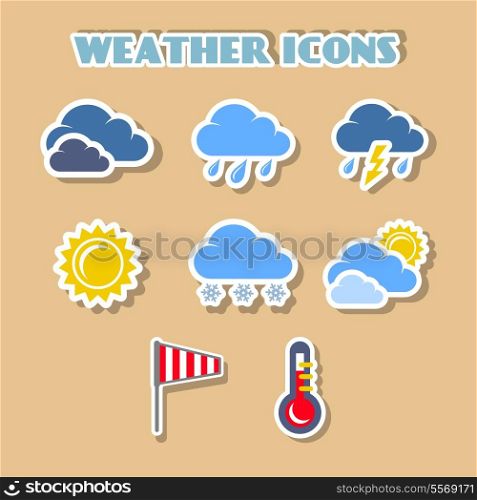 Weather icons set, color stickers isolated vector illustration